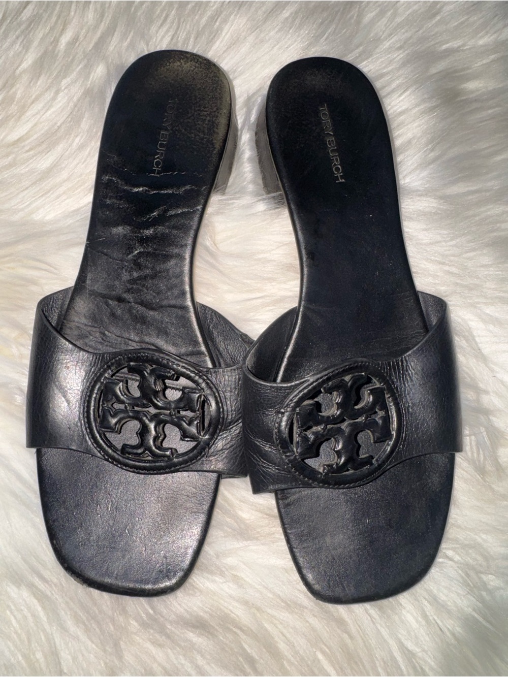 Tory Burch Black Leather Logo Slide Mules